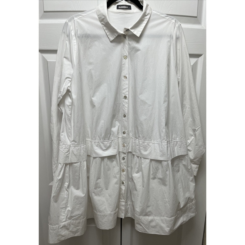 ALEMBIKA WHITE BABYDOLL COTTON LONG SLEEVE‎ TUNIC TOP SIZE 6 MADE IN ISRAEL